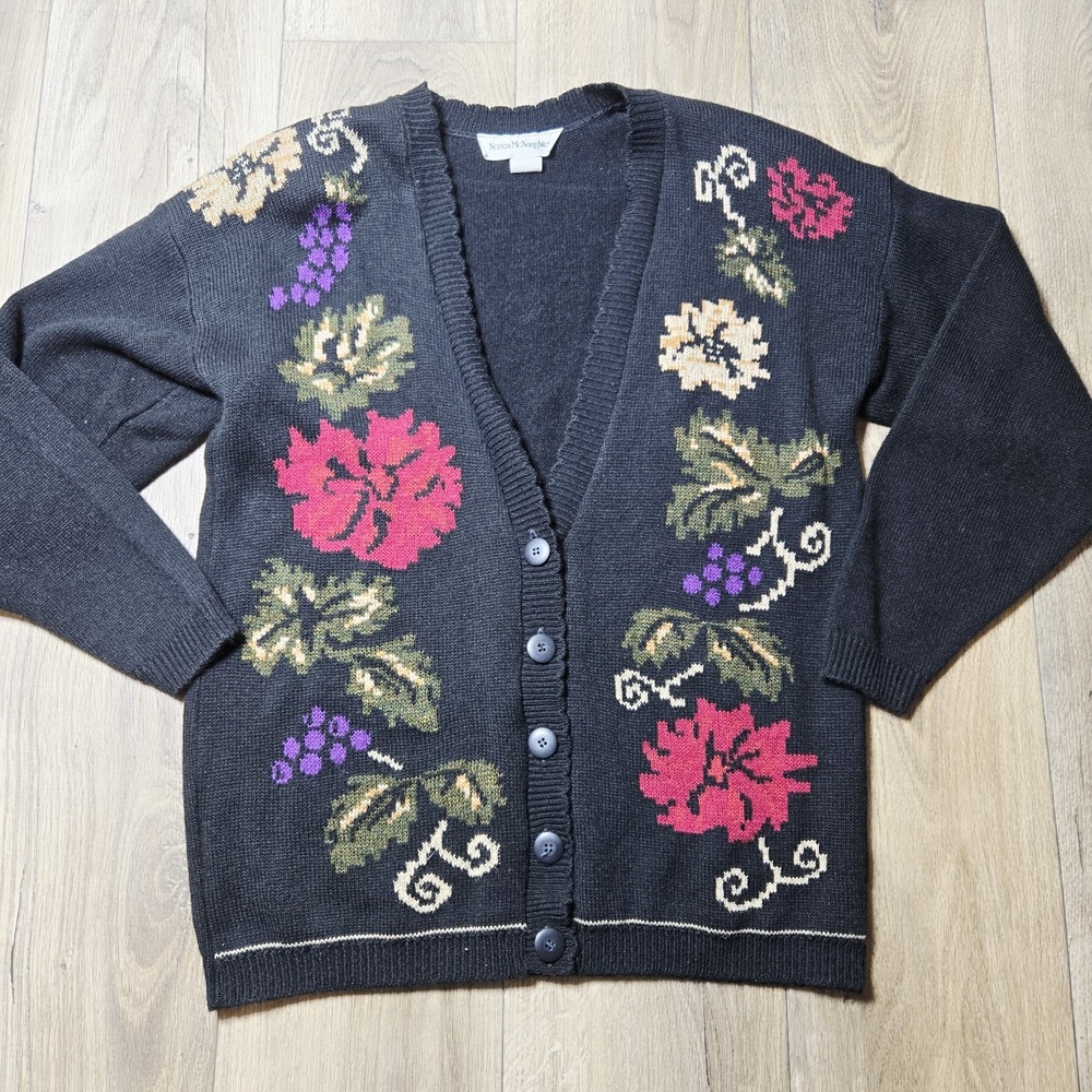 Vintage Norton McNaughton Button Front Cardigan Size M‎ Floral Black Sweater